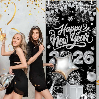 Black Silver Happy New Year 2026 Door Cover, Large 2026 NYE Front Door Banner New Year Eve Party Backdrop Decoration for Indoor Outdoor Festive NYE Hanging Sign