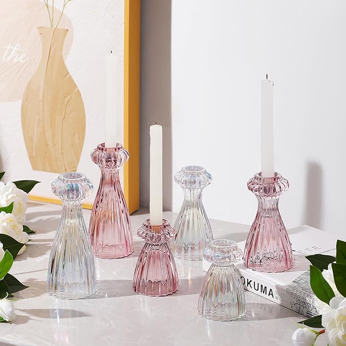 Lysenn Glass Candle Stick Holder Set of 6 – Premium Taper Candle Holders for Romantic Ambiance - Candle Sticks Holder Decor for Special Occasions - Pink