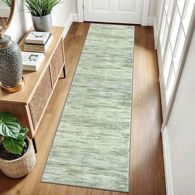 2x8 Modern Abstract Runner Rug for Hallways, Light Sage Green and Ivory Super Soft Hallway Decor Kitchen Rugs with Non-Slip, Non-Shedding Washable Rug for Entryway Bedroom Indoor