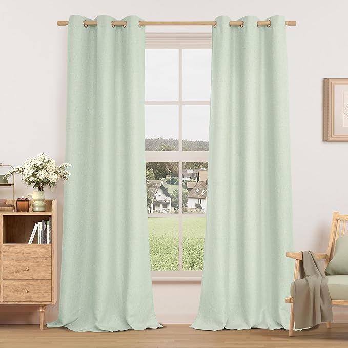 LAMIT Linen Curtains 84 inches Long 2 Panels, Linen Textured Thermal Insulated Curtains Gromment Privacy Light Filtering Boho Drapes for Living Room/Farmhouse, Set of 2 Panels, W38 x L84, Light Green