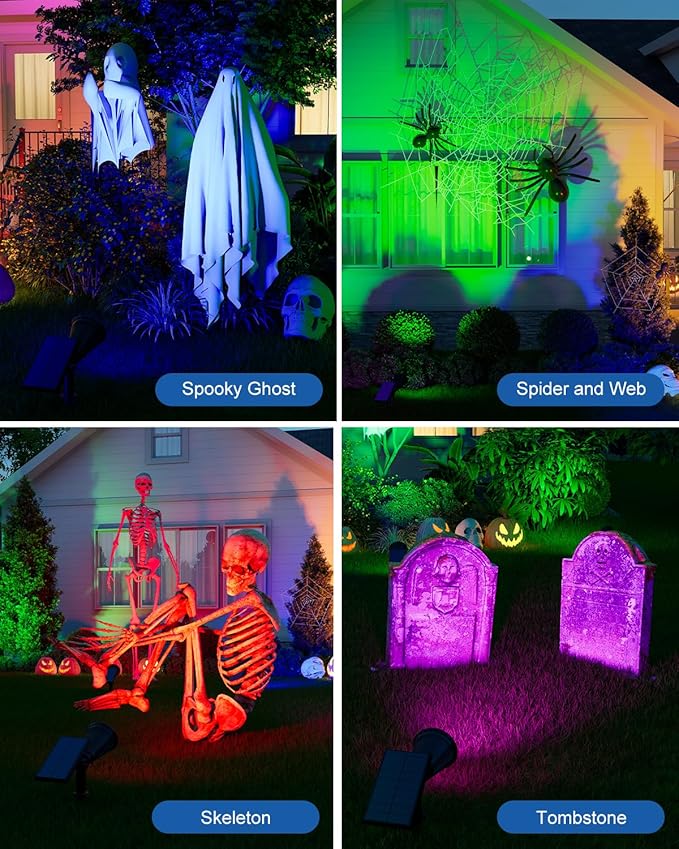 2 Pack Color Change Halloween Solar Spotlights Outdoor Rainbow Waterproof Landscape Uplights for Outside Decor, Skeletons, Ghost, Witch, Accent Lighting for Wall, House, Patio, Path, Pool, Walkway