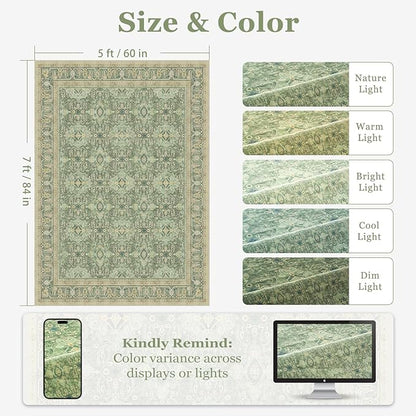 Sage Green Area Rug 5x7, Non Slip Washable Rugs for Living Room Bedroom Low Pile Thin Soft, Boho Floral Moroccan Pattern Printed Carpet Rug for Nursery Playroom Dining Room Home Office