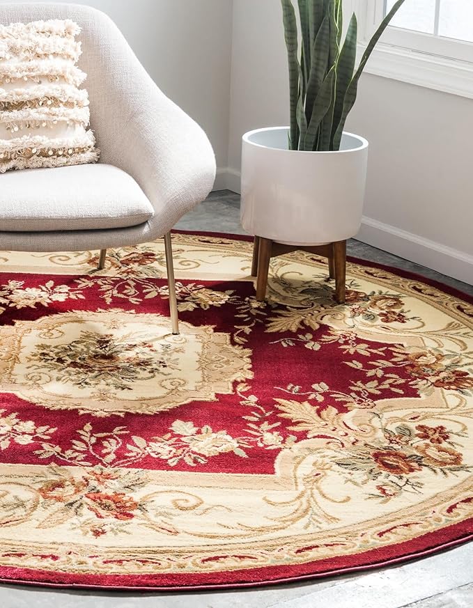 Unique Loom Versailles Collection Traditional Classic Floral Motif Area Rug (5' 0 x 5' 0 Round, Burgundy/Ivory)