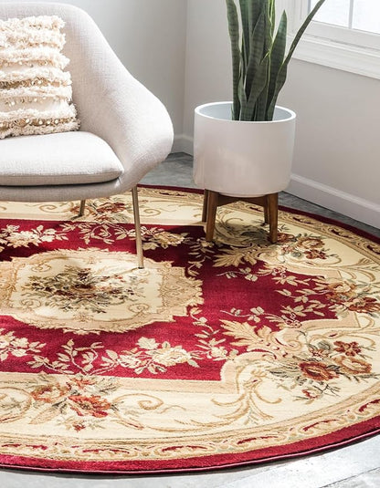 Unique Loom Versailles Collection Traditional Classic Floral Motif Area Rug (5' 0 x 5' 0 Round, Burgundy/Ivory)