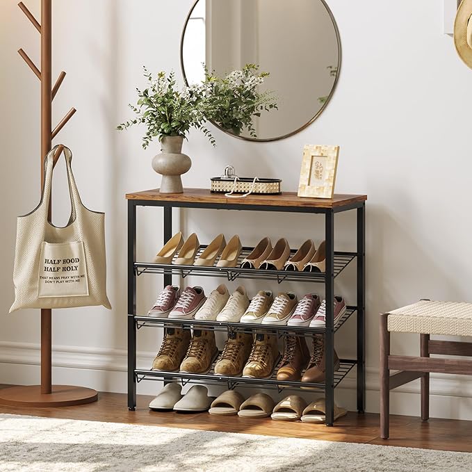 Shoe Rack for Closet,4 Tier Shoe Organizer for Entryway,Shoe Shelf with Storage Shelves and Spacious Top,Max Holds 16 of Shoes,Rustic Brown