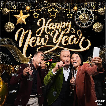 KatchOn, XtraLarge Happy New Year Banner - 72x44 Inch | Happy New Year Backdrop for Happy New Years Decorations 2026 | NYE Decorations 2026, New Years Eve Party Supplies 2026