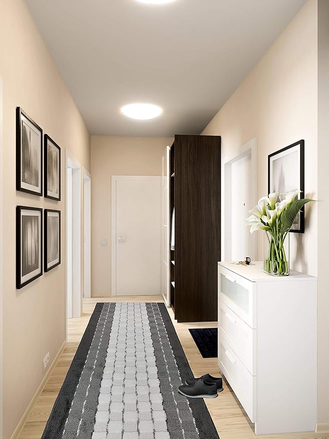 Custom Size Hallway Runner Rug, Slip Resistant Rubber Back, 26 Inch Wide x Your Choice of Length Size, Checkered Anthracite White, 26 Inch X 14 Feet, Sold and Priced Per Foot