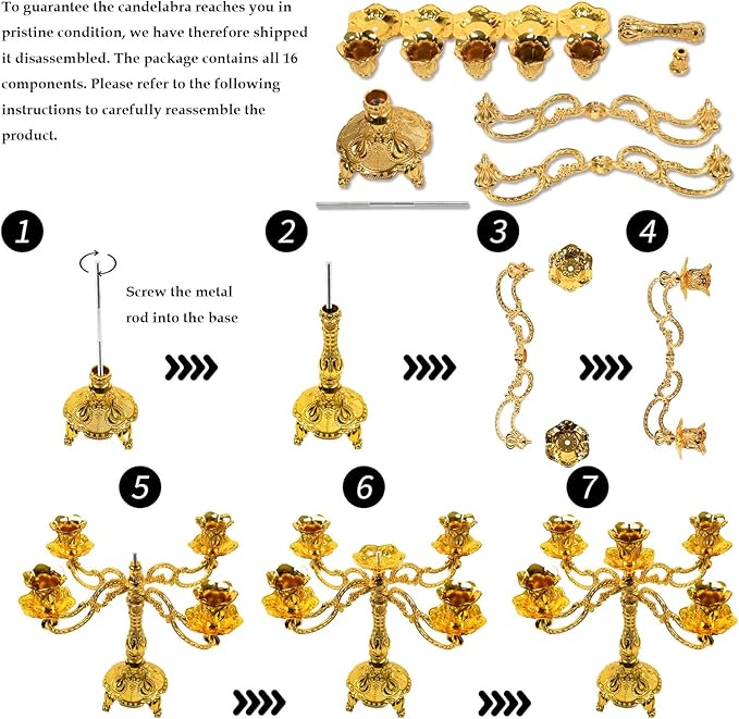 5-Candle Candelabra Metal Candlestick Holder Decoration for Weddings, Churches, Halloween, Christmas, Birthday Party (A-Gold)