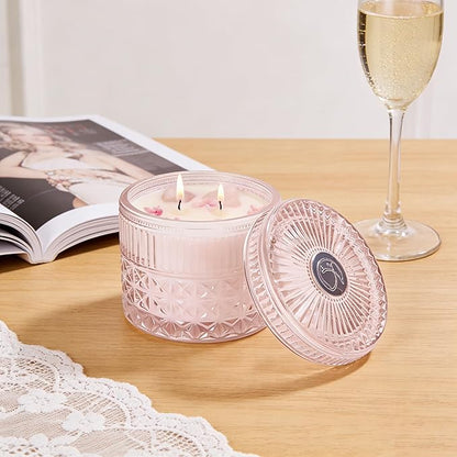 Chloefu LAN Pink Crystal Candles Champagne Bubbles Candle for Home Scented, Non-Toxic, Unique Meditation Spiritual Gifts, 14 oz, Valentines Day Gifts for Her Mom Friends Wife Sister Stocking Stuffers