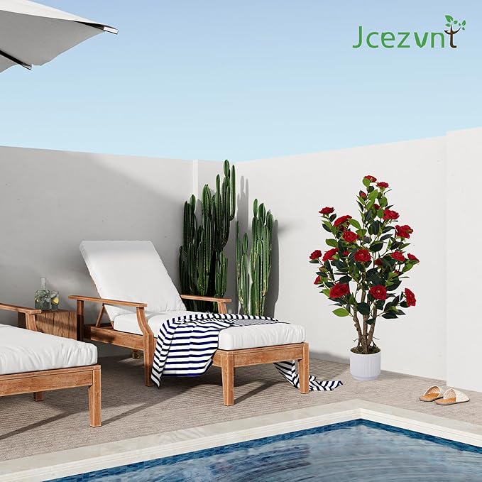 2 Pack Artificial Camellia Tree with White Pot, 38" Faux Potted Plants for Indoor Outdoor Decor, Tall Silk Greenery Plant for Home Office Living Room Balcony, Red