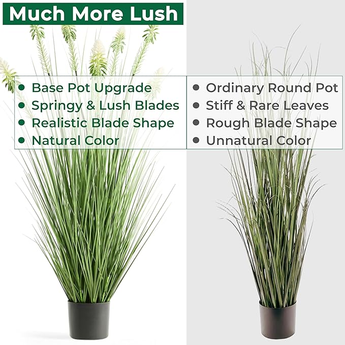 4ft 2-Pack Horsetail Reed Grass with White Cockscomb Flower, 48in Tall Indoor Outdoor Green Onions Fake Plants in Pot, Home Office Decorative Artificial Plant & Greenery, Wedding Décor