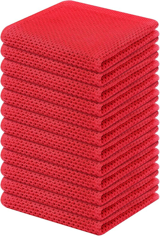Kitinjoy 100% Cotton Kitchen Dish Cloths, 12 Pack Waffle Weave Ultra Soft Absorbent Dish Towels for Drying Dishes Quick Drying Kitchen Towels Dish Rags, 12 X 12Inch, Red