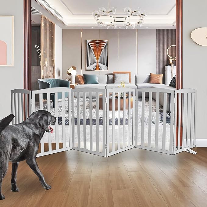 ZJSF Foldable Freestanding Indoor Dog Gate for House Wood Long Pet Gates Dog Fence for Stairs Puppy Gates for Hallways, Puppy Gate,Support Feet Included, Grey, 32 "Height-6 Panels