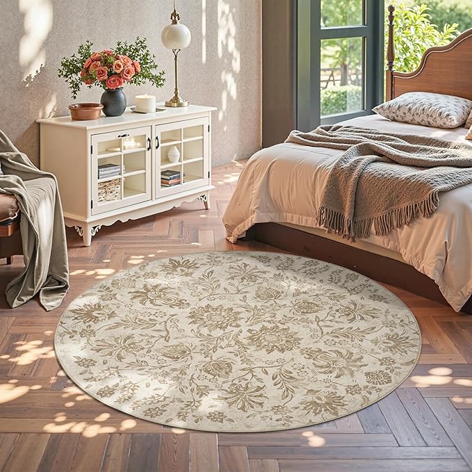jinchan Classic Floral Round Rug 6ft, Vintage-Inspired Neutral Design 6’Circle Rug, Machine Washable Ultra-Thin Low-Pile Non-Slip Indoor Carpet for Bedroom Dining Room Living Room Entryway, Taupe