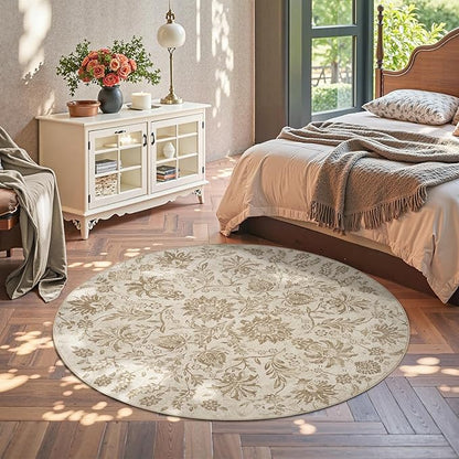jinchan Classic Floral Round Rug 6ft, Vintage-Inspired Neutral Design 6’Circle Rug, Machine Washable Ultra-Thin Low-Pile Non-Slip Indoor Carpet for Bedroom Dining Room Living Room Entryway, Taupe