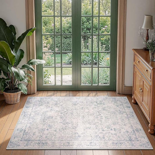 jinchan 3x5 Ivory Rugs for Entryway - Machine Washable Vintage Floral Ultra-Thin Low Pile Soft Throw Small Non-Slip Distressed Doormat Accent Rug for Entrance Kitchen Bedroom (3'x5',Ivory)