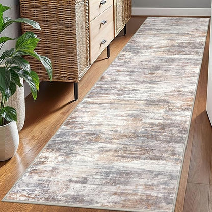 KOZYFLY Modern Abstract Hallway Runner Rug, 2.6x8 Washable Rug Runner Non-Slip Soft Striped Kitchen Runner Rugs, Print Multi Grey Carpet Runner for Entryway Bathroom Laundry Room Foyer
