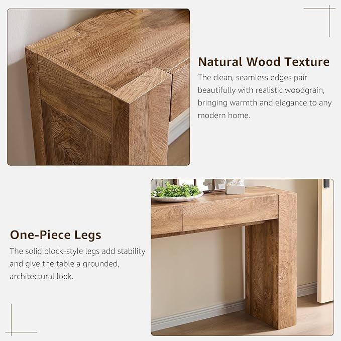 OKD Modern Entryway Console Table, Sofa Table with Drawers, 63" Long Hall Table Behind Couch, Thick Wood Design for Living Room, Hallway - Light Knotty Oak