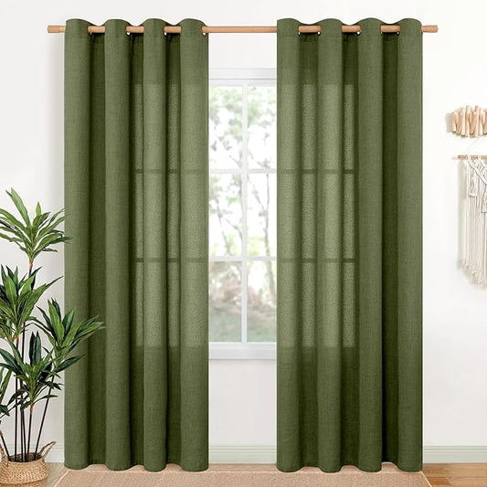 YoungsTex Olive Linen Curtains 80 Inch Length for Living Room, Light Filtering Window Drapes with Bronze Grommet Textured Privacy for Bedroom Farmhouse Decorative, 52 x 80 Inch, 2 Panels