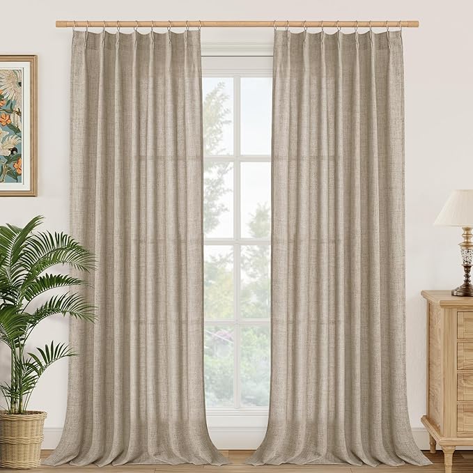 YoungsTex Oatmeal Linen Semi Sheer Curtains 84 Inch Length for Living Room 2 Panels, Light Filtering Drapes with Back Tab Natural Window Treatments for Bedroom, 40 X 84 Inch
