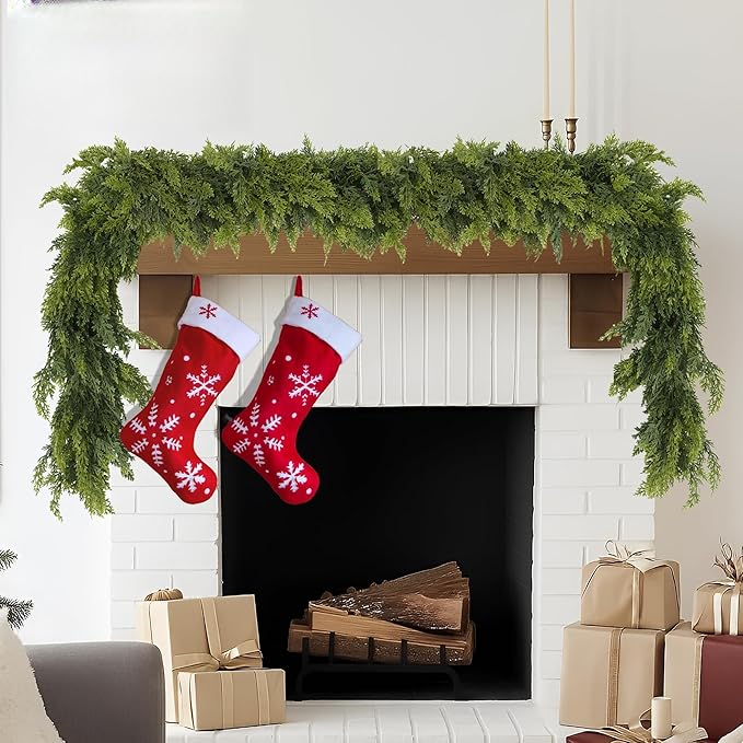9FT Real Touch Norfolk Christmas Pine Garland, Lifelike Artificial Bendable Greenery Garland for Front Door, Mantle, Staircase, Windowsill Indoor Outdoor Christmas Decorations