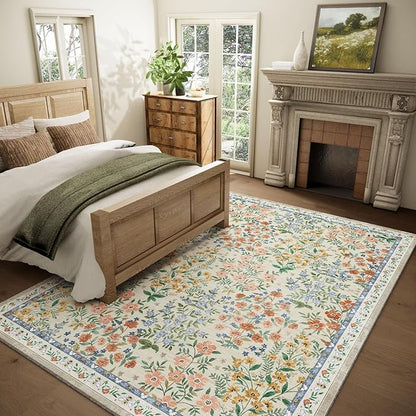 Machine Washable Rugs for Living Room: 5x7 Area Rugs for Bedroom Vintage Stain Resistant Non Slip Low Pile Soft Carpet Rugs for Entryway Kitchen Dining Room Farmhouse Kids Room Nursery