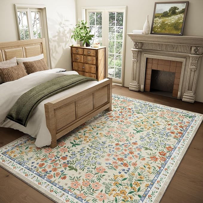 Machine Washable Rugs for Living Room: 6x9 Area Rugs for Bedroom Vintage Stain Resistant Non Slip Low Pile Lightweight Soft Carpet for Dining Room Kitchen Farmhouse Kids Room Nursery Indoor