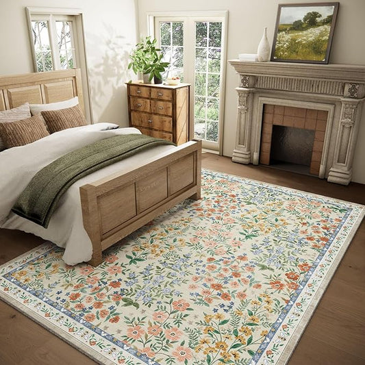Machine Washable Rugs for Living Room: 6x9 Area Rugs for Bedroom Vintage Stain Resistant Non Slip Low Pile Lightweight Soft Carpet for Dining Room Kitchen Farmhouse Kids Room Nursery Indoor