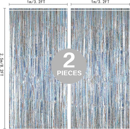 2 Pack 3.2ft x 8.2ft Silver Metallic Tinsel Foil Fringe Curtains, Door Streamer Photo Booth Backdrop for Birthday Graduation Engagement Bridal Shower Bachelorette Baby Shower Party Decorations