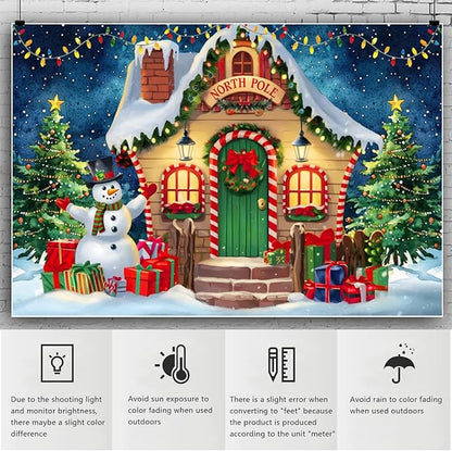 YongFoto Merry Christmas Backdrop 8x6ft North Pole Night Sky Pine Forest House Snowman Xmas Tree Photography Background 2026 New Year Winter Holiday Party Banner Photoshoot Wallpaper Photo Booth