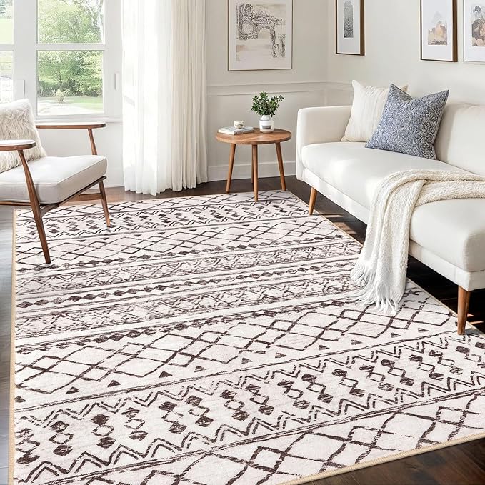 KUTA 5x7 Area Rugs Boho Brown Cream Washable Rug Non-Slip, Ultra Soft Geometric Print Distressed Traditional Moroccan Farmhouse Carpet for Living Room Dining Room Bedroom Dorm Office Home Decor