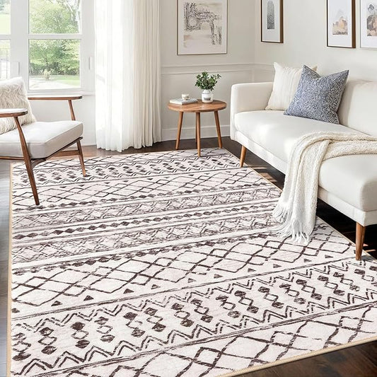 KUTA 5x7 Area Rugs Boho Brown Cream Washable Rug Non-Slip, Ultra Soft Geometric Print Distressed Traditional Moroccan Farmhouse Carpet for Living Room Dining Room Bedroom Dorm Office Home Decor