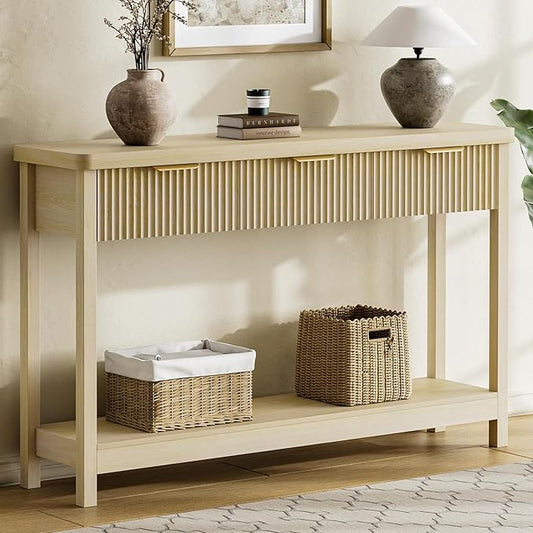 Lulive 51" Fluted Console Table for Entryway, Entryway Table with 3 Wooden Drawers, Farmhouse Behind Sofa Table for Living Room, Hallway, Couch, Foyer
