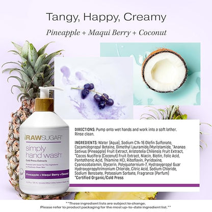 RAW SUGAR Simply Hand Wash, 16.9 Fl Oz (Pack of 3) Pineapple + Maqui Berry + Coconut Liquid Hand Soap for Kitchen or Bathroom, Cleanses & Refreshes Hands, Formulated without Sulfates & Parabens