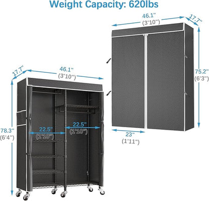 VIPEK R4C Portable Closet Rolling Clothes Rack Heavy Duty Adjustable Wardrobe Metal Garment Racks with Lockable Wheels Black Clothing Rack with Black Upgraded Polyester Cover, Max Load 620lbs