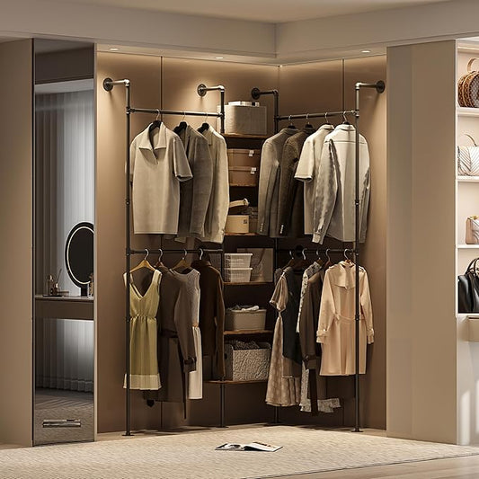 Industrial Pipe Clothing Rack, Wall-Mounted Clothes Rack with Shelf Wood Hanging Organizer, Space Saving Corner or Straight Design for Retail Store, Bedroom, Closet