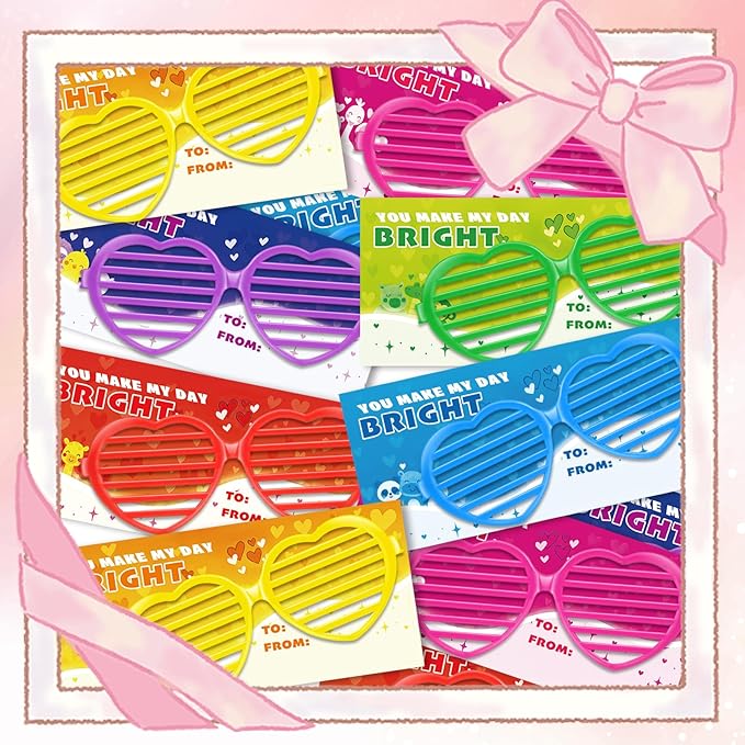 Amy&Benton 28PCS Shutter Glasses Toys with Valentines Gift Cards, Valentines Day Heart Shaped Shutter Shade Glasses for Kids Classroom Exchange Gifts Praty Prizes Bulk