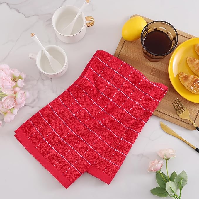 Mordimy 100% Cotton Terry Cloth Kitchen Towels, Super Soft and Absorbent Dish Towels for Drying, Checkered Designed Hand Towels for Kitchen, 16 x 26 Inches, 6 Pack, Red