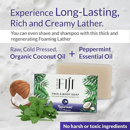 Coco Fiji Soap Bar for Face and Body Infused With Organic Coconut Oil, Peppermint, Essential Oil, Natural Soap for Moisturizing & Pore Purifying Skin, 7 oz,Pack of 2