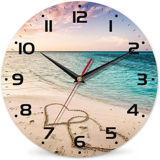 Two Hearts on a Sandy Beach Wall Clocks Vintage Wooden Battery Operated Sunset Non Ticking 10 inch Clock Silent Art Bedroom Kitchen Clock Home Decor for Girls Kids