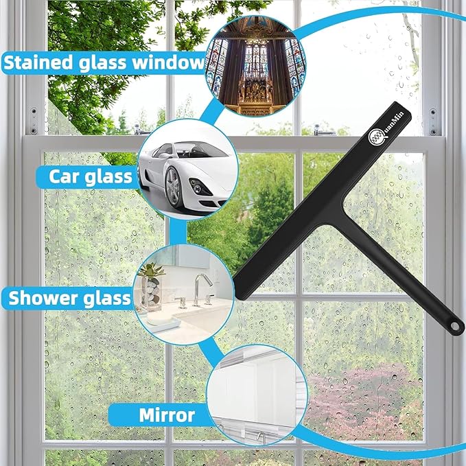 Squared Shower Squeegee with Hook, 11 inch Stainless Steel Silicone Core All-Purpose Household Window Mirror Cleaner Tool Bathroom Squeegee for Glass Doors,Car Cleaning,Tile Wall,Black