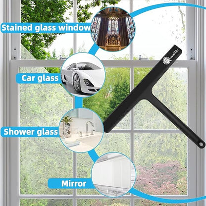 Squared Shower Squeegee with Hook, 11 inch Stainless Steel Silicone Core All-Purpose Household Window Mirror Cleaner Tool Bathroom Squeegee for Glass Doors,Car Cleaning,Tile Wall,Black