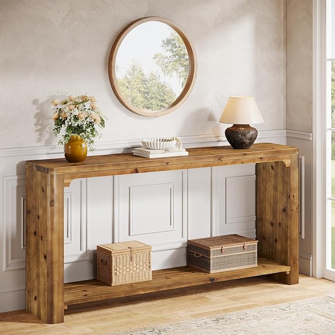 2-Tier Solid Wood Console Table, 63" Farmhouse Couch Table Behind Sofa, Entryway Table with Storage for Living Room, Entrance, Foyer, Hallway (Rustic Brown)