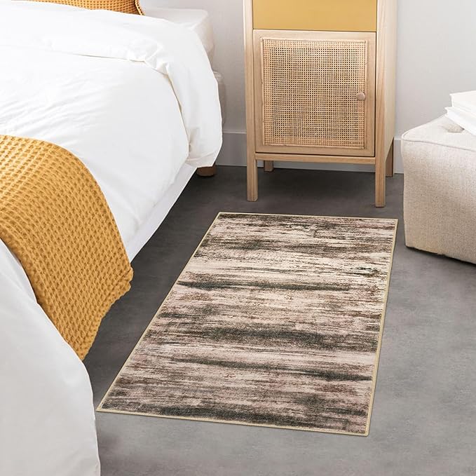 KOZYFLY Modern Abstract Small Area Rugs, 2x3 Washable Kitchen Rug Non-Slip Soft Small Bathroom Rug, Blush Brown Striped Entryway Rugs Abstract Print Faux Wool Doormat for Bedside Entrance Bedroom Sink