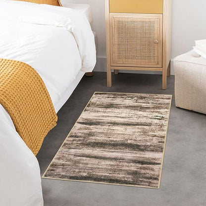 KOZYFLY Modern Abstract Small Area Rugs, 2x3 Washable Kitchen Rug Non-Slip Soft Small Bathroom Rug, Blush Brown Striped Entryway Rugs Abstract Print Faux Wool Doormat for Bedside Entrance Bedroom Sink