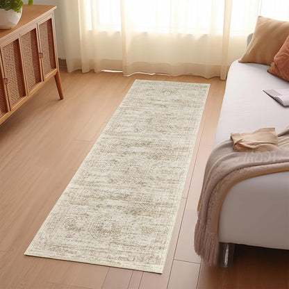 Long Bathroom Rugs Runner - Washable Runner Rugs for Hallway 2x10, Ultra-Thin Soft Kitchen Carpet Runner, Anti Slip Backing Runner Rugs for Entrance, Bedroom, Living Room(2'x10', Beige/Ivory)