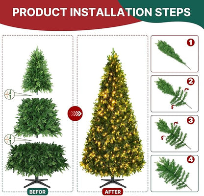 GGOYING 6.5FT Pre-Lit Flocked Christmas Tree with Rotating Stand & Remote, Green Dense Branches, Realistic Holiday Decorations, LED Lights (RGB + Warm White)