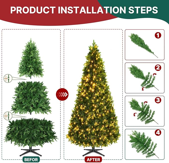 GGOYING 7.5FT Pre-Lit Flocked Christmas Tree with Rotating Stand & Remote, Green Dense Branches, Realistic Holiday Decorations, LED Lights (RGB + Warm White)