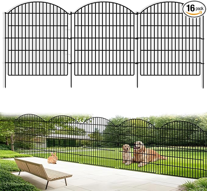 16 Panels Decorative Garden Metal Fence, 33in (H) x 38.67ft (L) No Dig Dog Fencing for Outdoor Yard, Rustproof Animal Ground Stakes Temporary Panel Border Barrier for Patio Flower Bed Camping