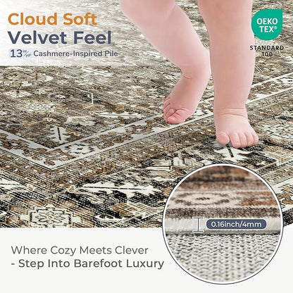 OPPODREAM Thin Vintage Brown 2x6 Runner Rug, 2 x 6 Retro Washable Rug Non Slip, Low-Pile Faux Wool Carpet, Distressed Floor Mat for Kitchen, Hallway, Entry-Way, Entrance, Indoor Back Door